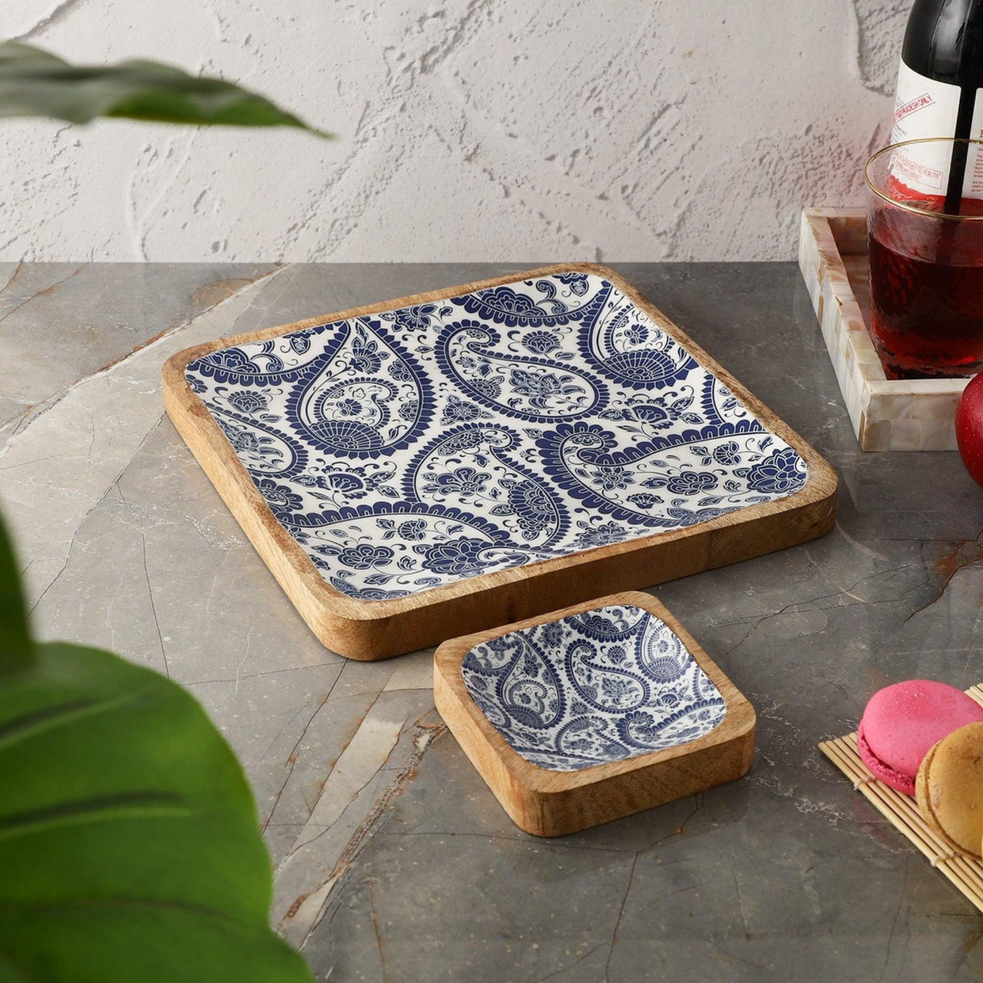 Wooden Square Dip Bowl Platter Set (Royal Blue Paisley)